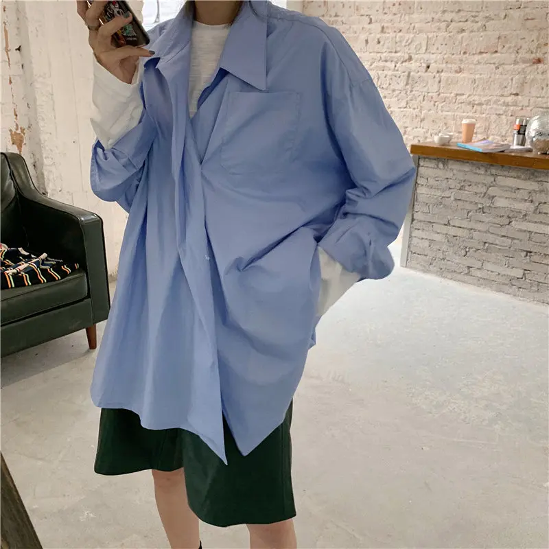 

HziriP Chic Blue Office Lady Loose 2019 Autumn Regular Women All Match Fashion Fresh Brief Hot Free Casual Mid-Length Shirts
