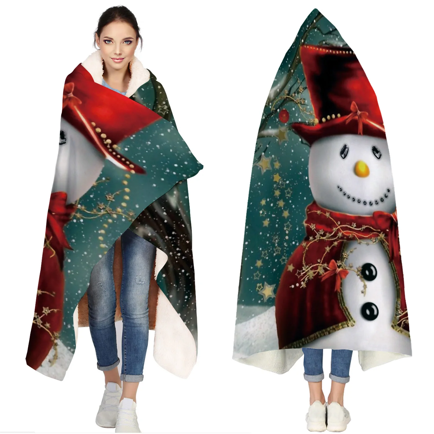 

Christmas Snowman Red Hat Tree Branch Portable Wearable Fluffy Custom Hooded Blanket Fleece Hooded Throw WrapBed Blanket