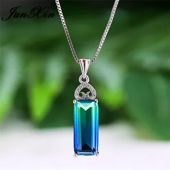 

Female Rainbow Fire Crystal Rectangle Pendant Wedding Necklaces For Women Silver Color Blue Green Pink Zircon Stone Necklace