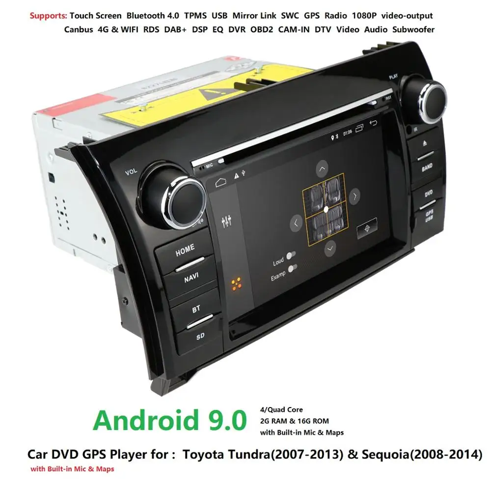 Sale Android9.0 Car DVD GPS Player Navi Radio Stereo For Toyota Tundra Sequoia DAB+SWC RDS DVR AUX DVBT BT 4G WIFI MAP QuadCore 2GRAM 1