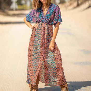 

Sexy Beach Cover Up Kimono Vintage Print Floral Holiday Bikini Cover up Boho Loose Long Women Dress 2020 Robe Plage Tunic