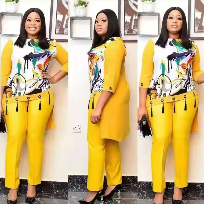 T-Shirt + Trouser Suit Casual Plus Size Women Clothing Printed Chiffon Round Neck Short-Sleeved Mid-Length Top Summer Pants Sets