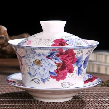 

Chinese Traditional Sancai Gaiwan Health-Preserving Tea Cup and Saucer Set Ceramic Eight Treasures Tea Bowl Tea Tureen
