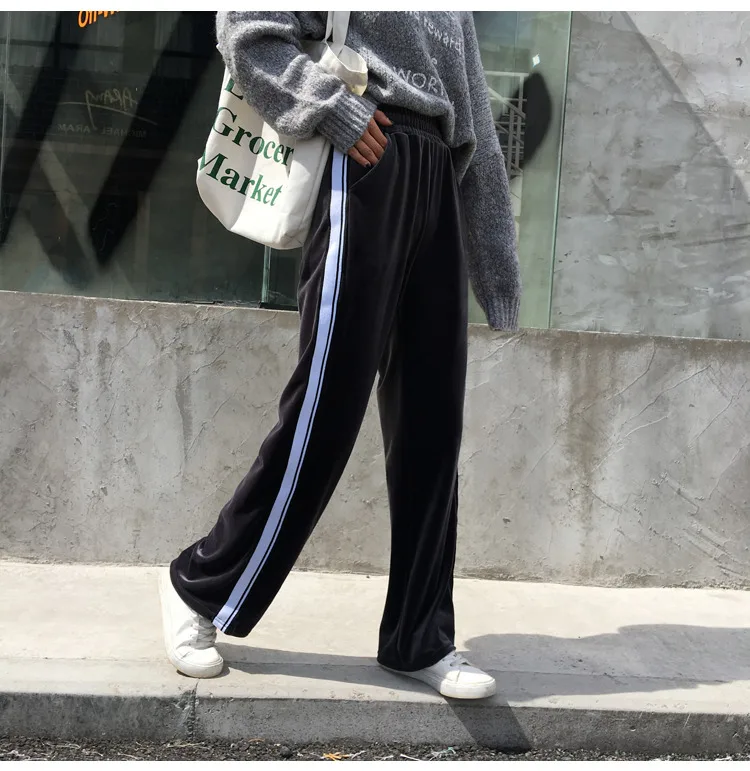 Высокое качество женские брюки осень зима бархатные брюки с эластичной талией повседневные брюки Широкие брюки размера плюс черные свободные брюки