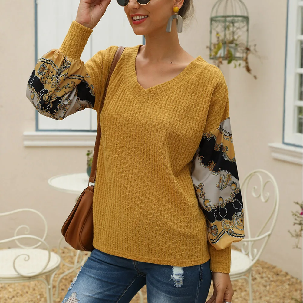Bohisen 2019 New Women Fashion Pullovers Knitted Sweater Autumn V Neck Lantern Sleeve Boho Knit Patchwork Sweater Loose Sweater Bohisen 2019 New Women Fashion Pullovers Knitted Sweater Autumn V Neck Lantern Sleeve Boho Knit Patchwork Sweater Loose Sweater