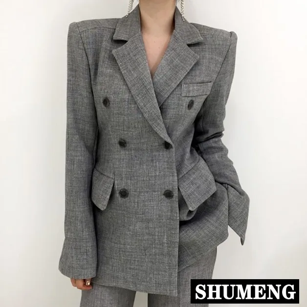 

Spring 2019 New Double Buttons Suit Jacket Korean Straight Blazer Coat Women's Autumn Pure Color Small Suit Jacket Outwear