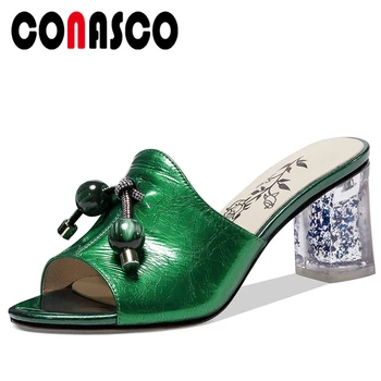 

CONASCO Fashion Concise Genuine Leather Women Sandals Peep Toe Slippers 2020 Summer New String Bead Pumps High Heels Shoes Woman