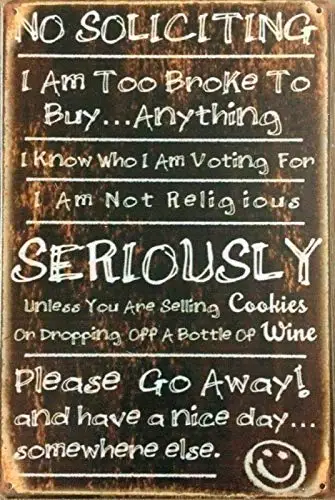 

No Soliciting Tin Metal Sign Man Cave Wall Decor 12" X 8"