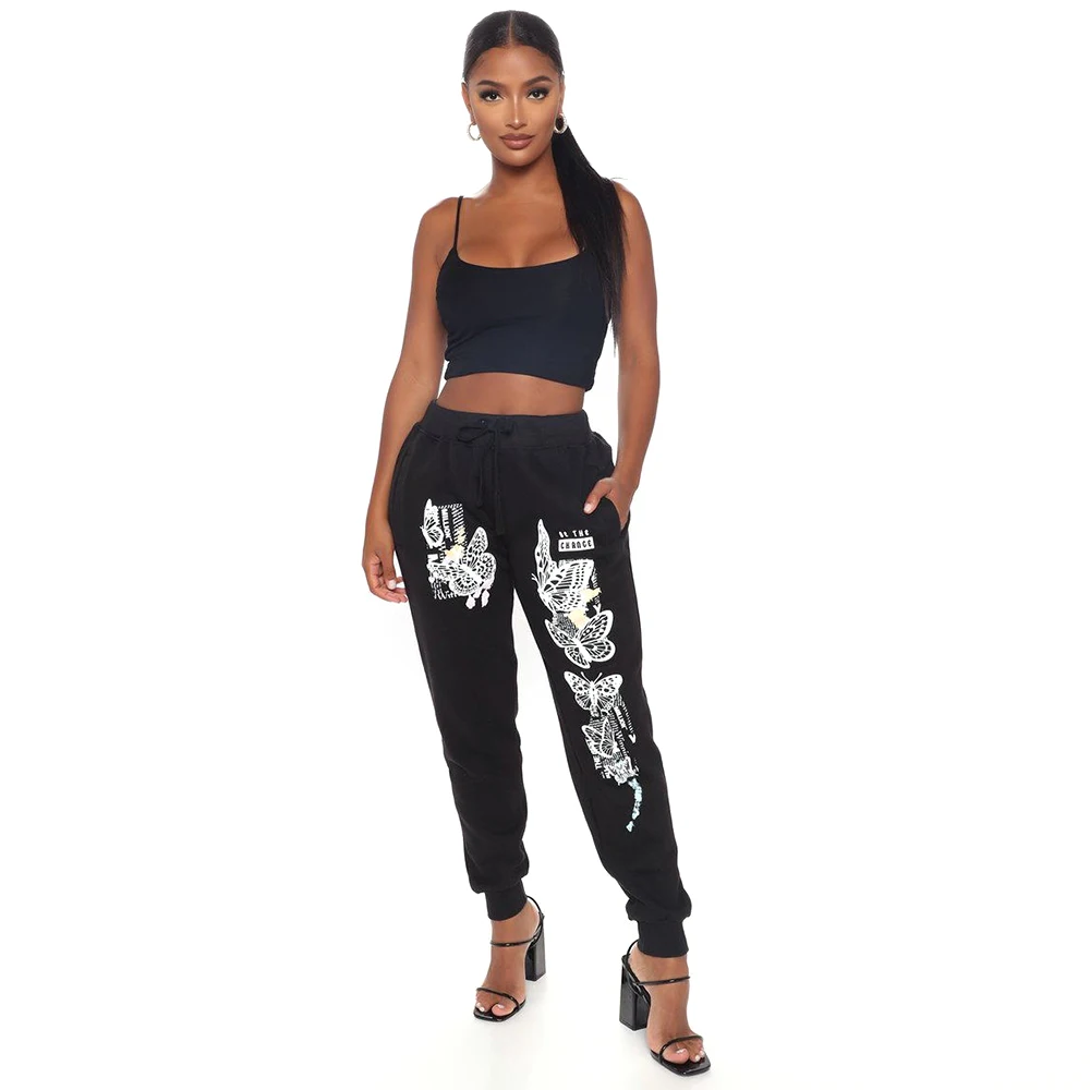 

Autumn Butterfly Printed Pants Women Cotton Knitted Sweatpants Elastic Waist Trousers New Street Style Female Tracksuit Pants