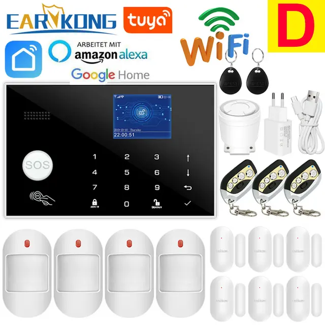 Wifi GSM Alarm System 433MHz Home Burglar Security Alarm Wireless Wired Detector RFID Touch Keyboard Temperature Humidity Alexa D