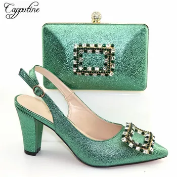 

Beautiful Green Wedding/Party High Heel Spring/Autumn Shoes With Handbag Set With Stones For Party CR179, Heel Height 9.3CM