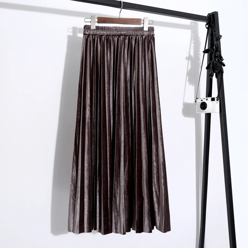 Новинка, осенняя плиссированная Женская юбка средней длины в стиле ретро, зимняя черная велюровая трапециевидная длинная юбка, Женская юбка с эластичной талией