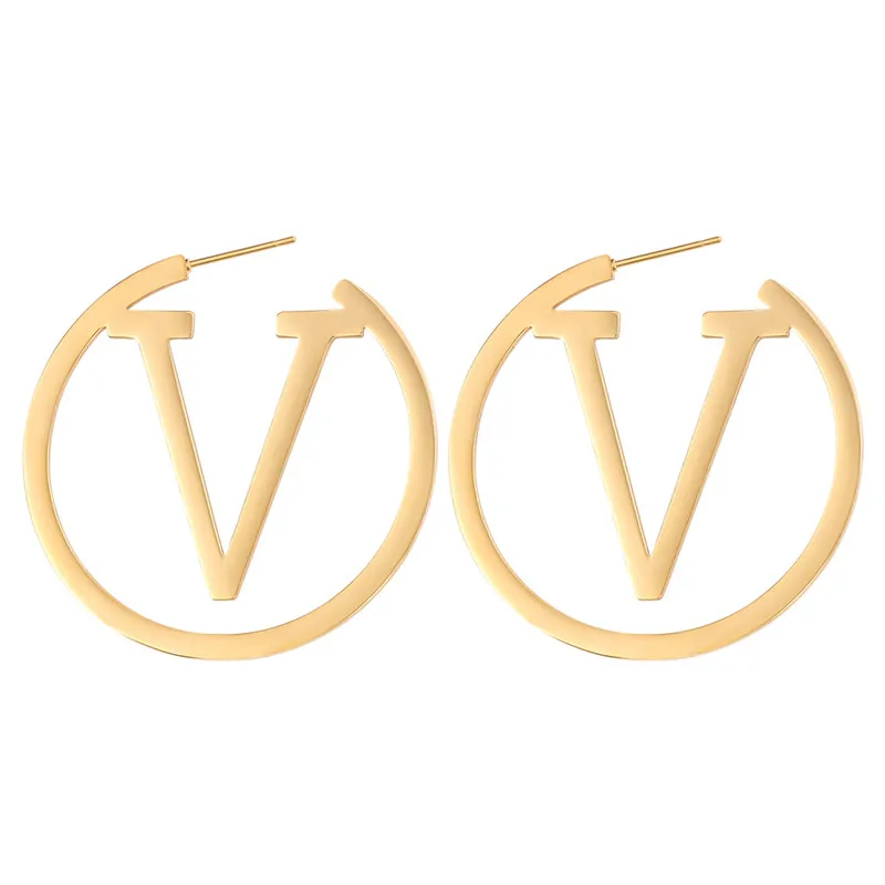 Punk Metal Round Letter V Hoop Earrings Gold Color Hollow