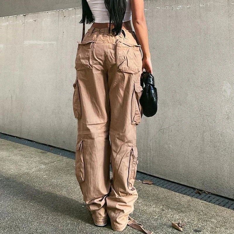 WeiYao Khaki Solid Baggy Cargo Pants Women Low Waist Mom Jeans Vintage 90s Grunge Streetwear Casual Hippie Denim Trousers