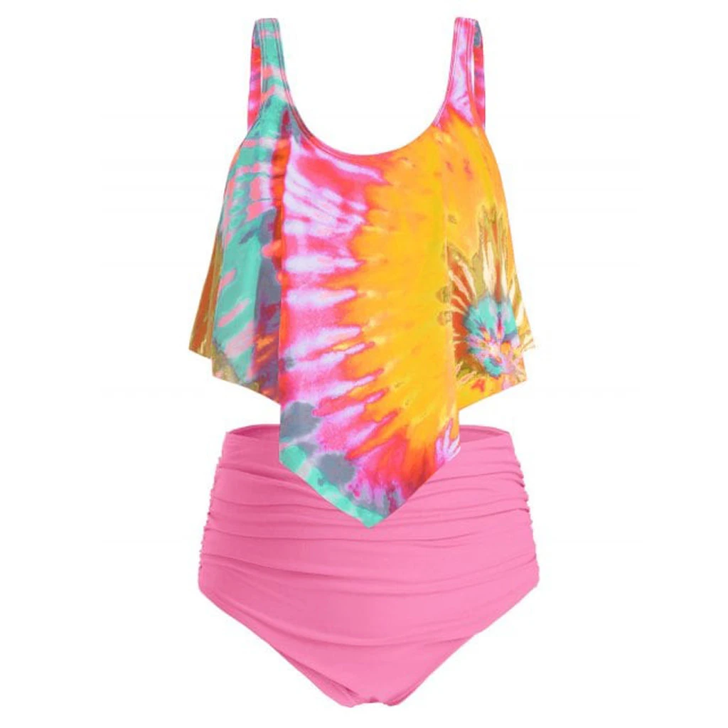 Women Two Pieces Bathing Suits Top Ruffled With High Waisted Bottom Bikini Set Wire Free Caual Split Beachwear Ladies Girls 719