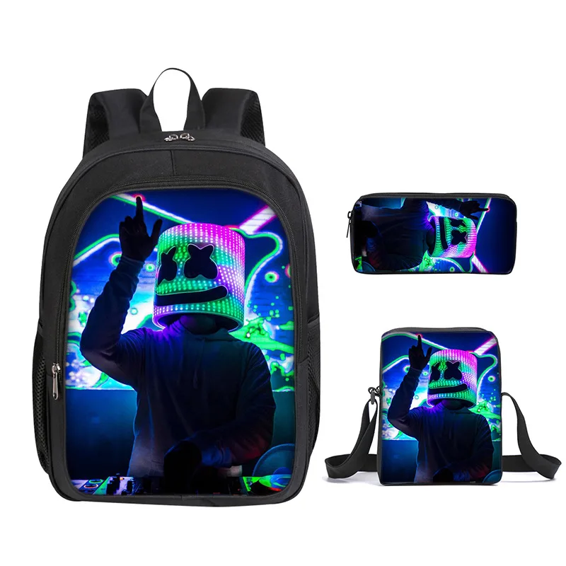 

Super Hot Selling Marshmello Cotton Candy DJ Double Layer School Bag Three-piece Set Students Large-capacity Backpack Cross Bord