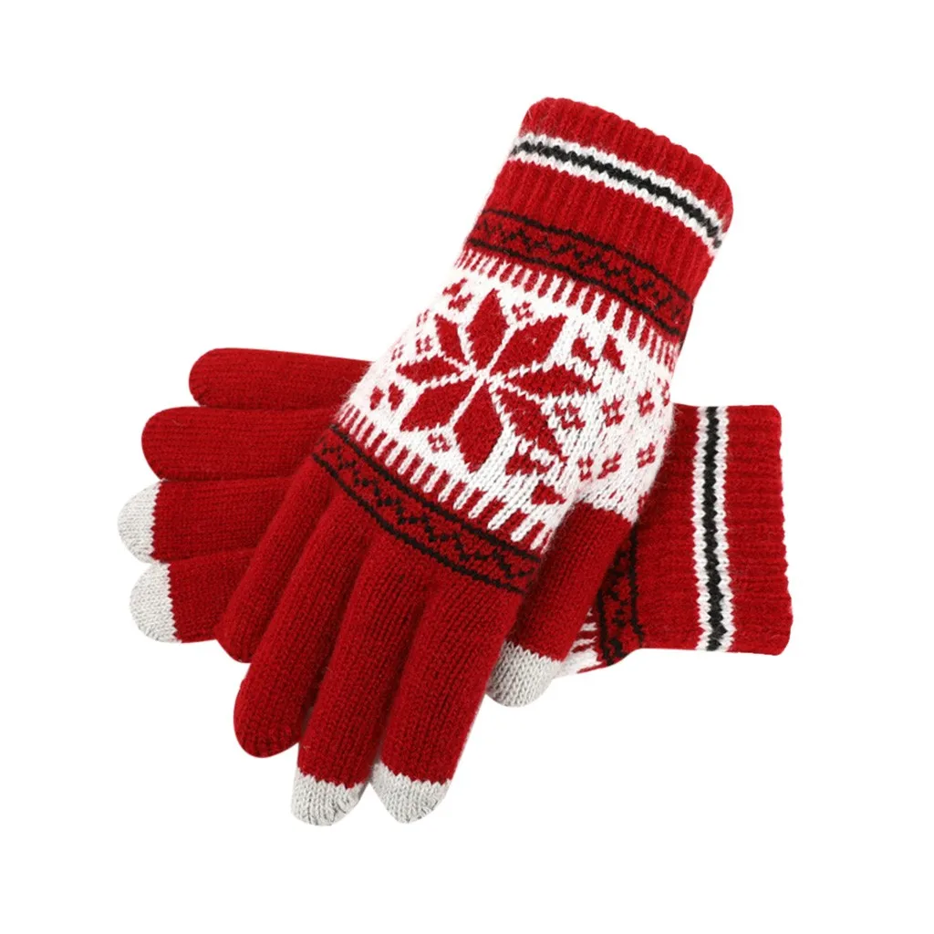 SAGACE Новые женские теплые зимние вязаные перчатки с принтом на полный палец варежки для девочек Женские однотонные шерстяные перчатки - Цвет: Красный