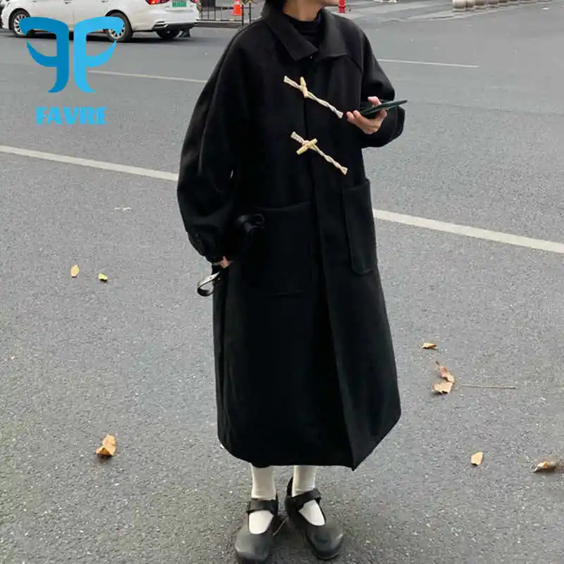 

FAVRE Black Wool-Blend Coat Women's Mid-Length Korean Loose Horn Buttoned Woolen Coats Jacket Autumn Women Oversized Overcoat