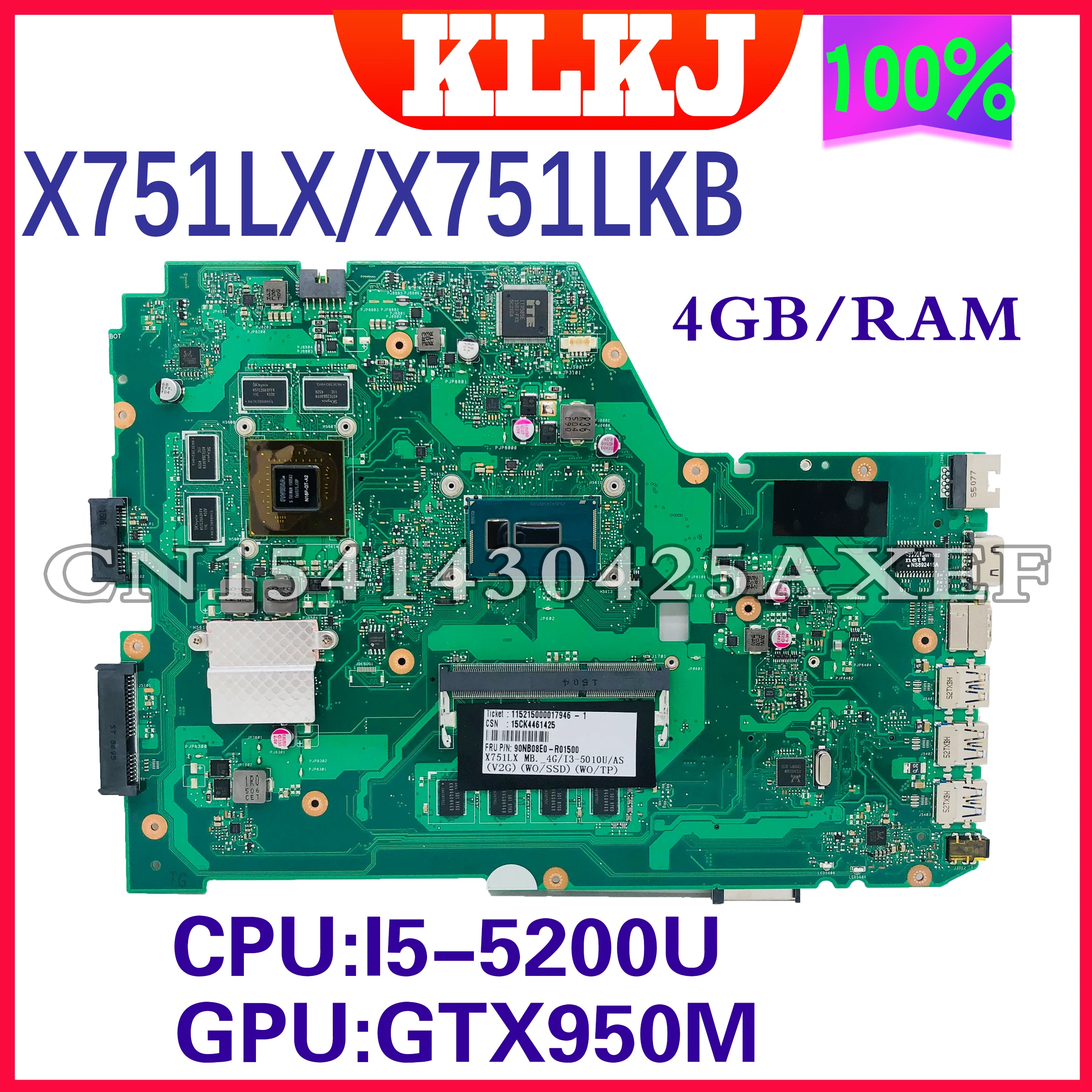 Dinzi X751LX  Motherboard for ASUS X751L K751L X751LK X751LX K751LKB  Notebook Motherboard I5-5200U GTX950M 4G/RAM 100% Test OK budget gaming pc motherboard