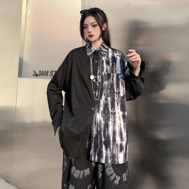 

Женская тонкая рубашка в стиле Харадзюку, свободная рубашка с отстрочкой цепочкой, весна-осень