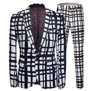 

Personalized Printing Ink Suit Set Men Black And White Grid Blazer With Pants Singer Stage Performance Punk Rock Slim Costume