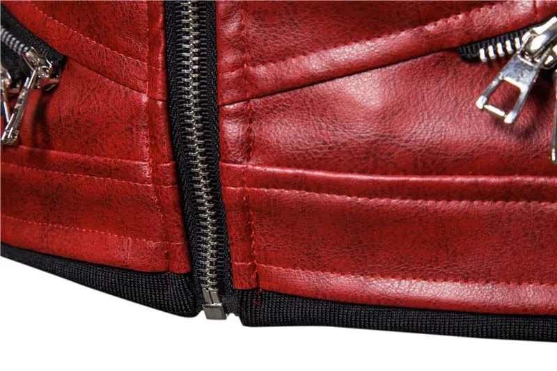 KIOVNO Men Punk Zipper Leather Jackets Coats With Rivet Motorcycle Warm Leather Jackets Outwear For Male Detachable Fur Collar (4)