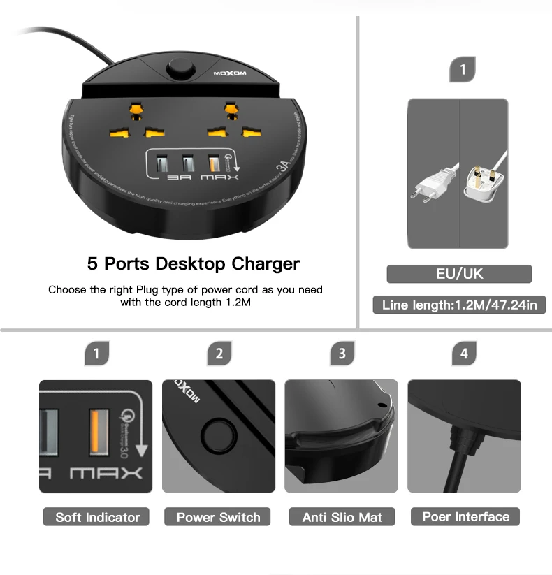 MOXOM розетка с розеткой 2 порта Переключатель 3 USB разъем Быстрая зарядка 3,0 удлинитель с поддержкой мобильного телефона