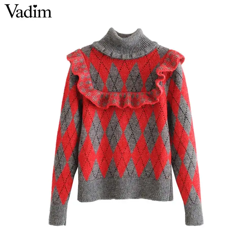 

Vadim women sweet turtleneck ruffled knitted sweaters argyle pattern long sleeve casual pullovers female cute warm tops HA547