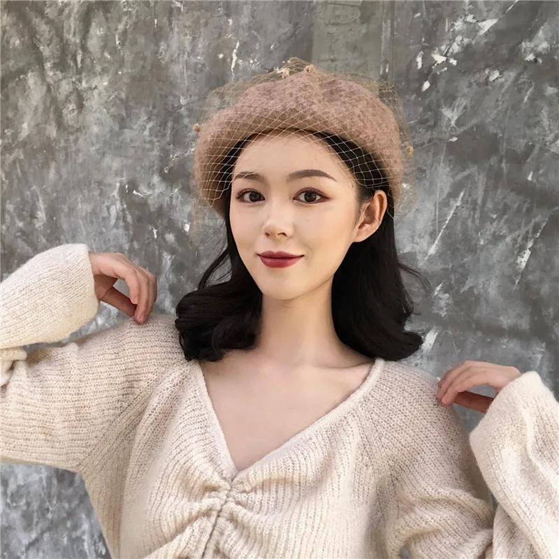 Korean version Beret Womens Autumn Winter Elegant Retro Fashion Simple Lace Pompon Wool Painter Cap Mesh Berets