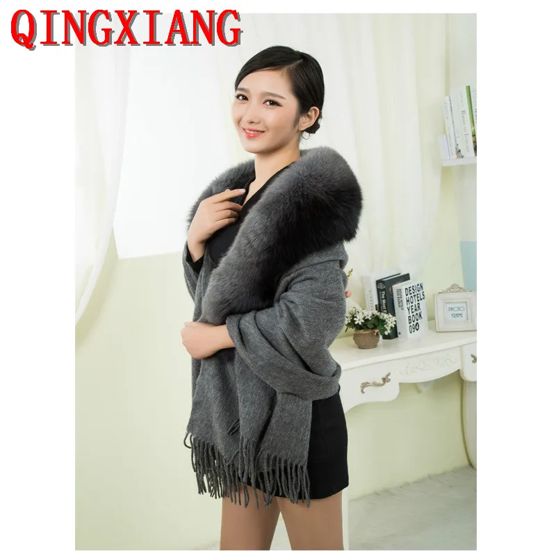 

2019 7 Colors Women Big Fox Fur Collar Loose Pashmina Winter Warm Tassel Soft Shawl Capes Long Wool Cashmere Scarf