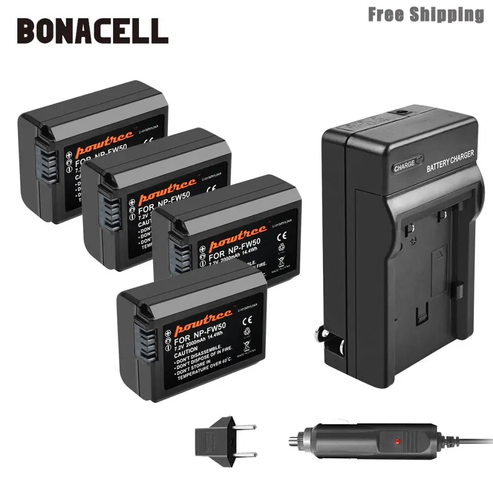 Bonacell 2000mah NP-FW50 NP FW50 Battery+Charger AKKU For Sony NEX-7 NEX-5N NEX-5R NEX-F3 NEX-3D Alpha a5000 a6000 DSC-RX10 L50