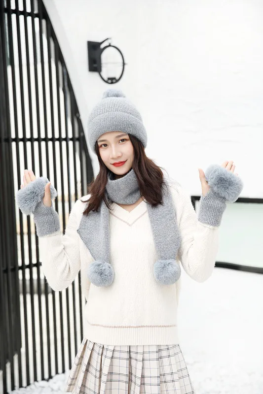 Winter Knitted Wool Hat Scarf Gloves Set Warm Three sets Women Men Plus velvet thickening women ball caps scarf girls