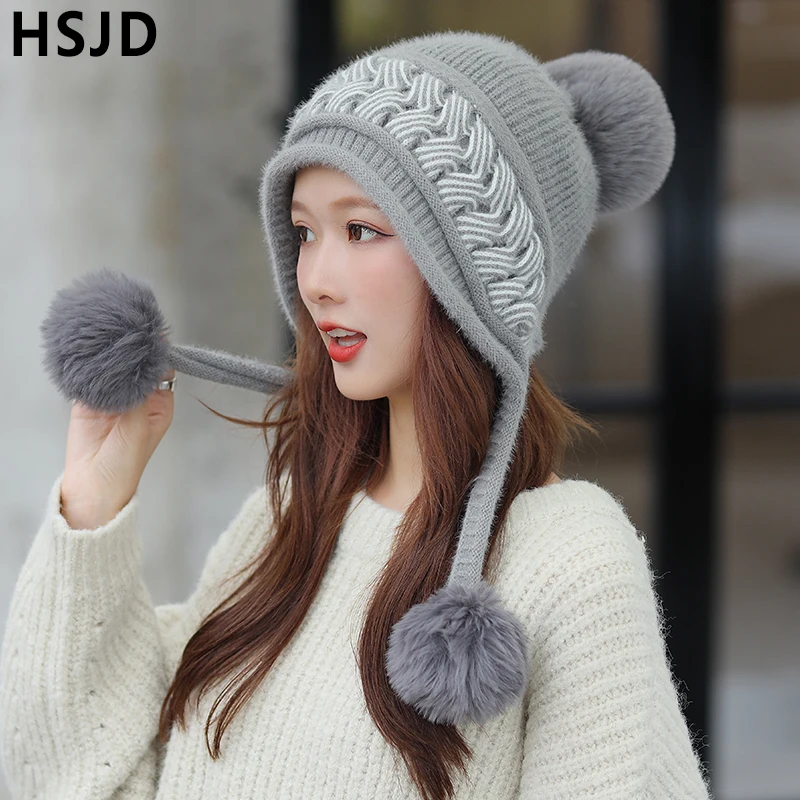 Women Winter Beanies Hats With Three Pompom Ball Plush Thick Warm Ear Hat Sweet Caps for Girls Skullies Female Cap Gorro | Аксессуары