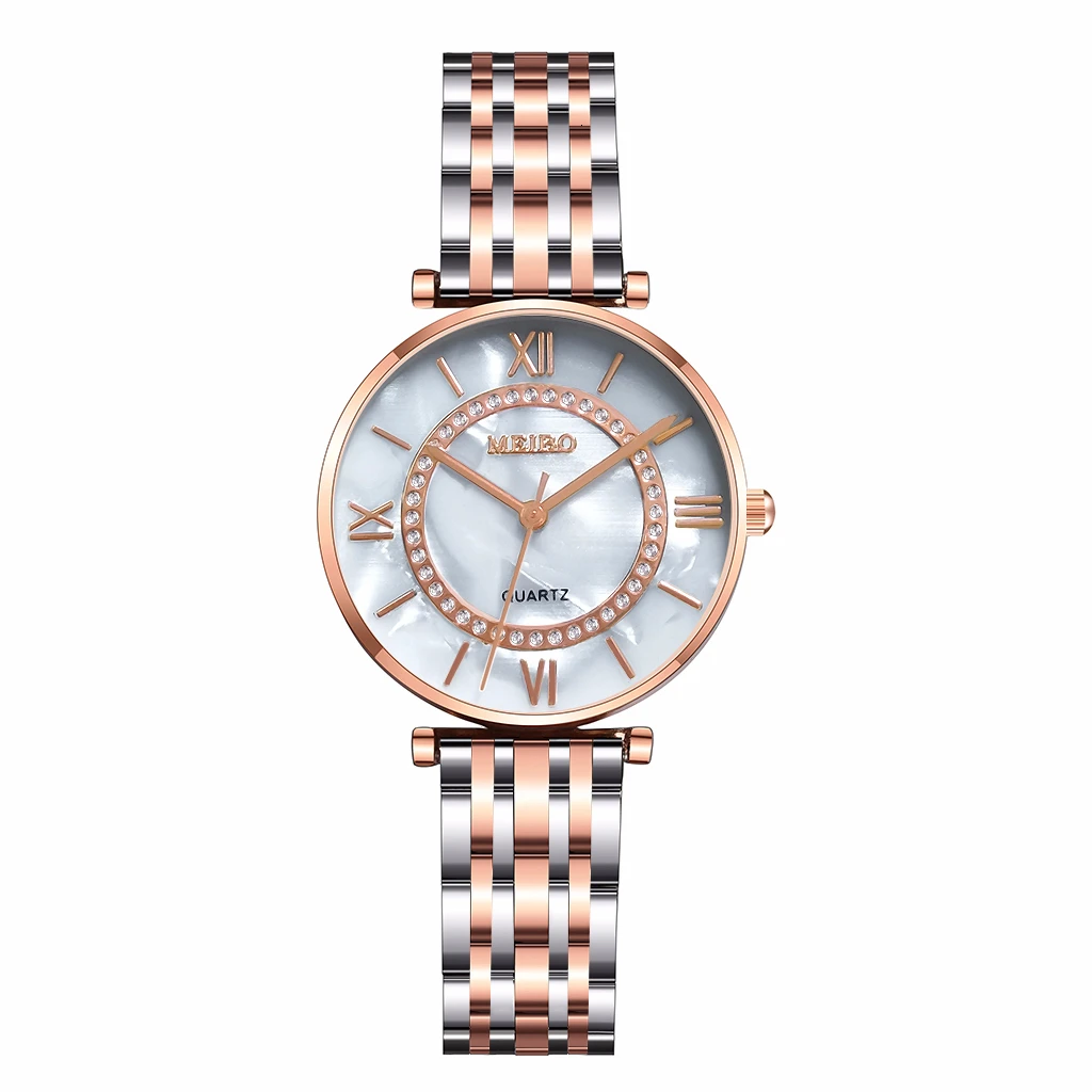 Женские часы MEIBO, стразы из нержавеющей стали, повседневные роскошные женские кварцевые часы с циферблатом, часы для подарка - Цвет: rose gold