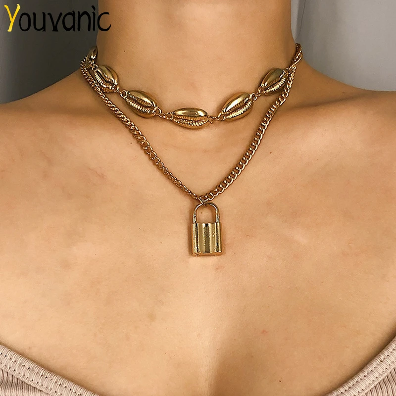 

Youvanic Vintage Lock Pendant Alloy Shell Choker Necklace For Women Statement Chain Necklace Collier Boho Jewelry Bff Gift 2374