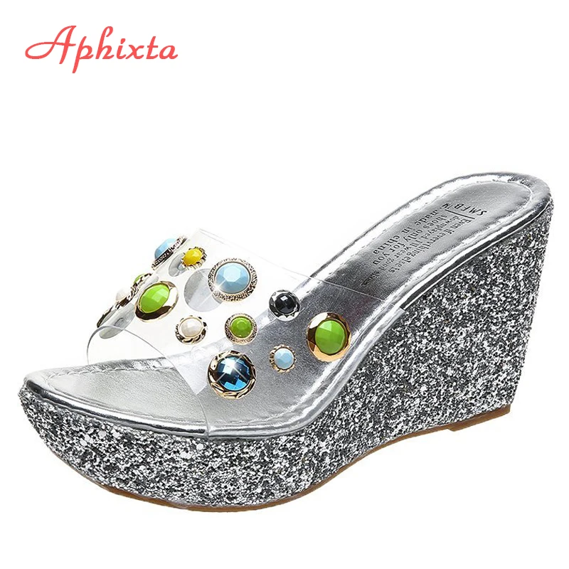 Aphixta 2022 New Platform Bling Colorful Rhinestone Slippers Women