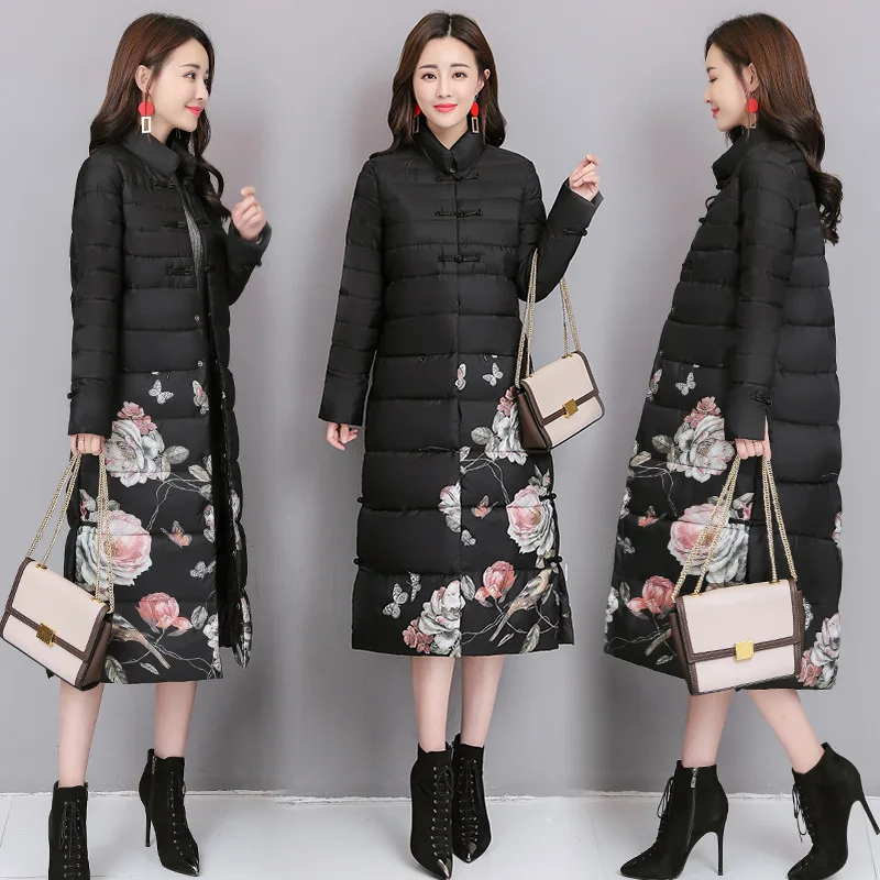 

2018 Winter Mid-length Printed Long Sleeve Fold-down Collar Chinese-style Slim Fit Trend of Fashion Cotton Coat