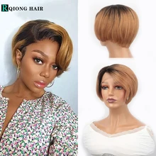 

Short Lace Front Wig Straight Pixie Cut Bob Wigs With Left Bangs Blonde Cheap Human Hair Wig for Black Women Ombre Highligt Wigs