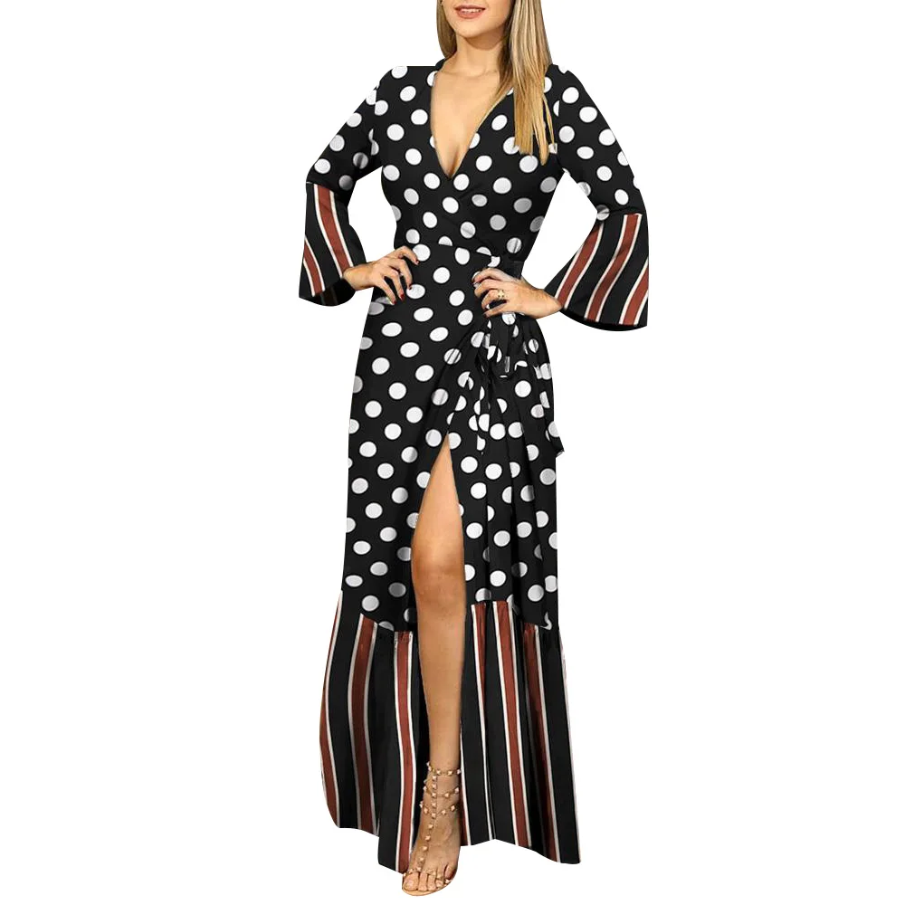 

Long Sleeve Women Dress 2020 Polka Dot Split Dresses Boho Print Deep V Neck Warp vestidos Elegant Sexy Maxi Dress Party robe D30