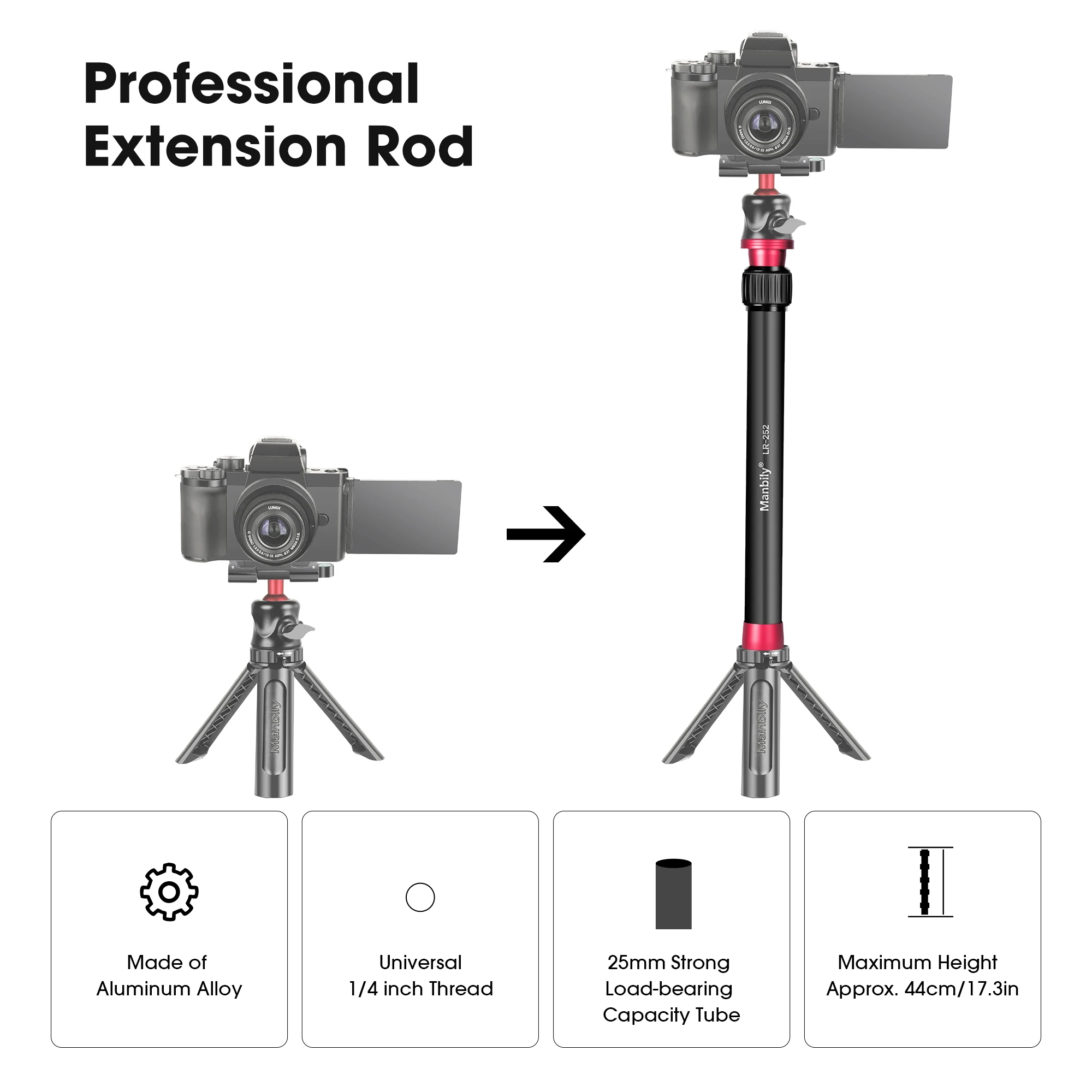 Camera Tripod Manbily 108cm Tripod Stabilizer for Handheld GoPro Monopod Mount Extension Rod Mobile phone holder for DSLR & SLR Cameras