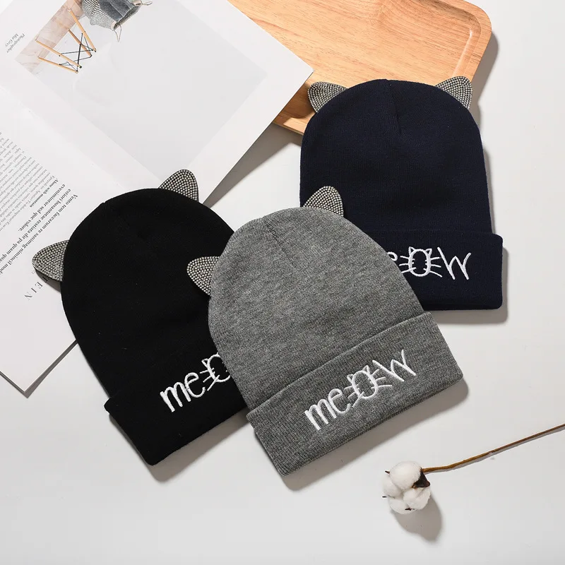 

Women Solid Stone Beanie with Cute Cat Ears Stones Embroidery Letters Beanie Girls Knitted Warm Winter Hat Grey Beanie Black Hat
