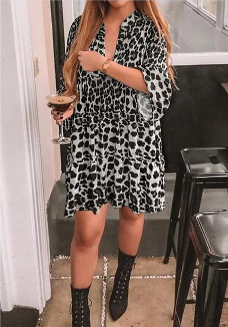 Big Size Ladies Dress Leopard Print High Waist V-neck Bell Sleeve Summer Beach Short Dresses Vestido Con Estampado De Para Mujer
