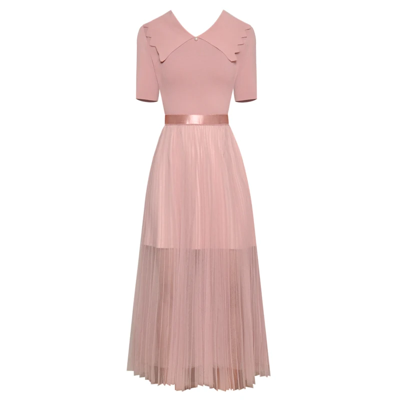 

2pcs clothing set pearl beaded v neck half sleeves knitted sweater ladies top + high waisted long maxi skirt woman mesh skirts