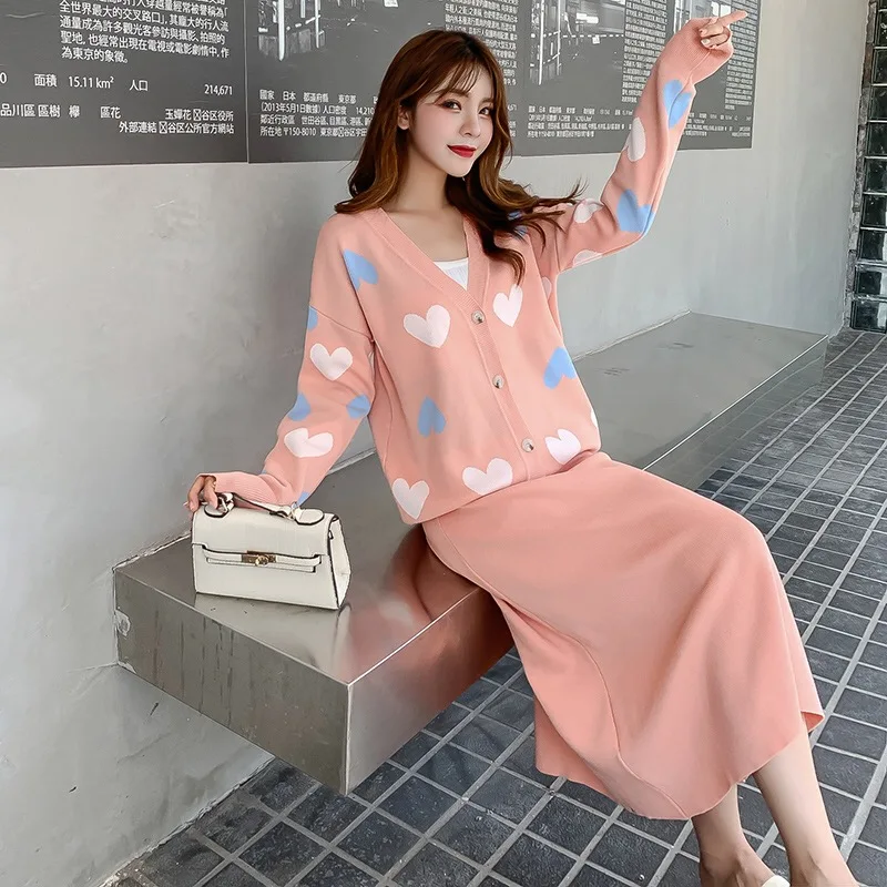 Autumn Winter Women Elegant Love Heart Knitted Cardigan Sweater+High Waist A-Line Skirt 2 Piece Set Loose Knitted Midi Dress Set