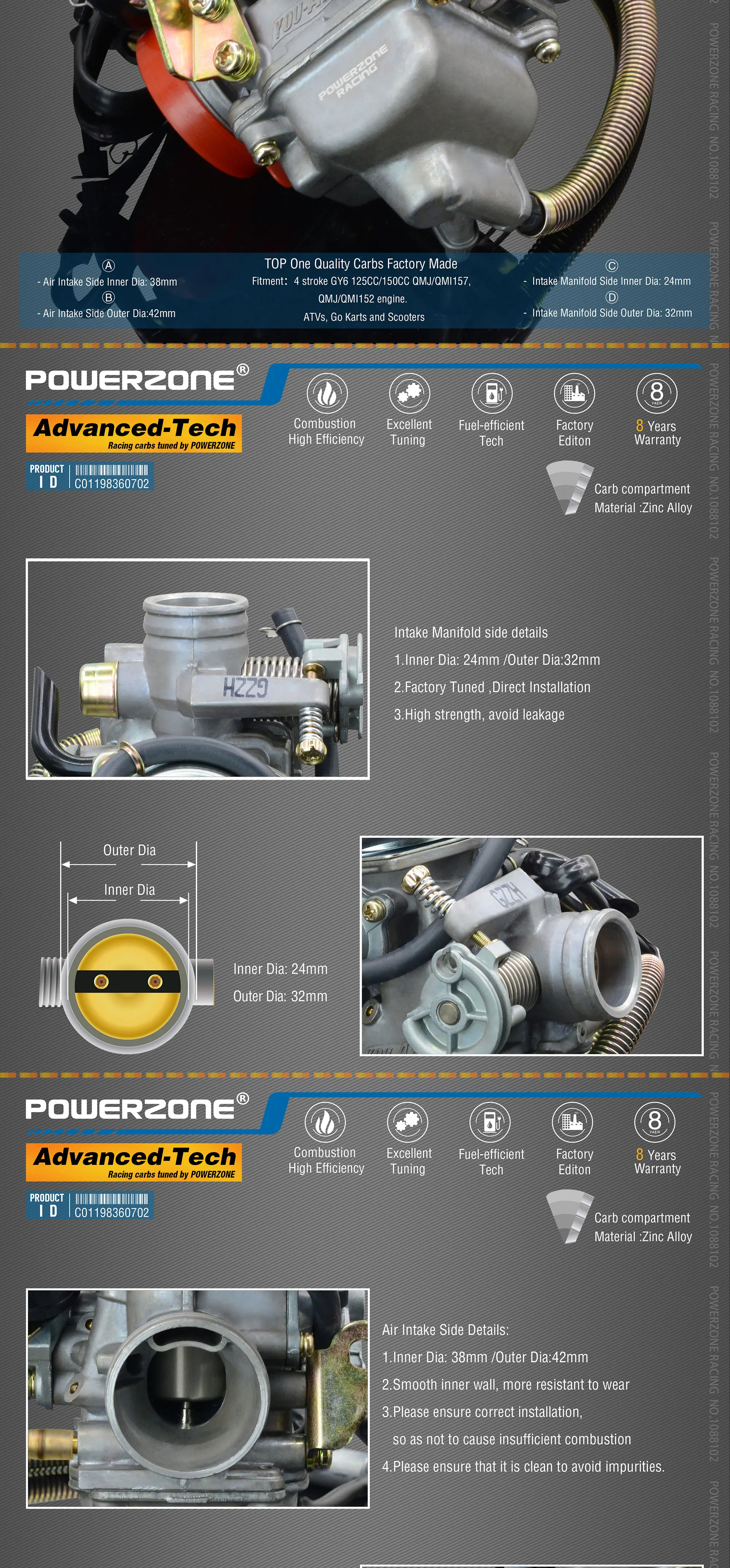 Powerzone карбюратор PZ19 19 мм CVK Ускорительный Насос Carb для горизонтального 50cc-110cc Грязь велосипед ямы, ATV, Quad, картинг, багги