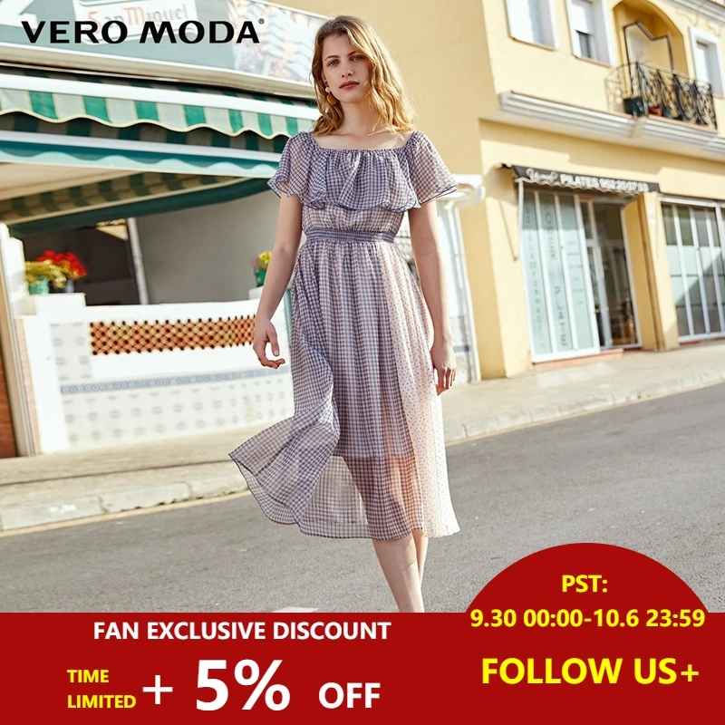 

Vero Moda 2019 New Women's Vacation Plaid Dots Midi Dress | 31927B558