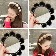 

New Korean Fall And Winter Milk Tea Color Faux Fur Ball Braid Clips Headband Hairband Geometrical Sweet Hair Bands Accessories
