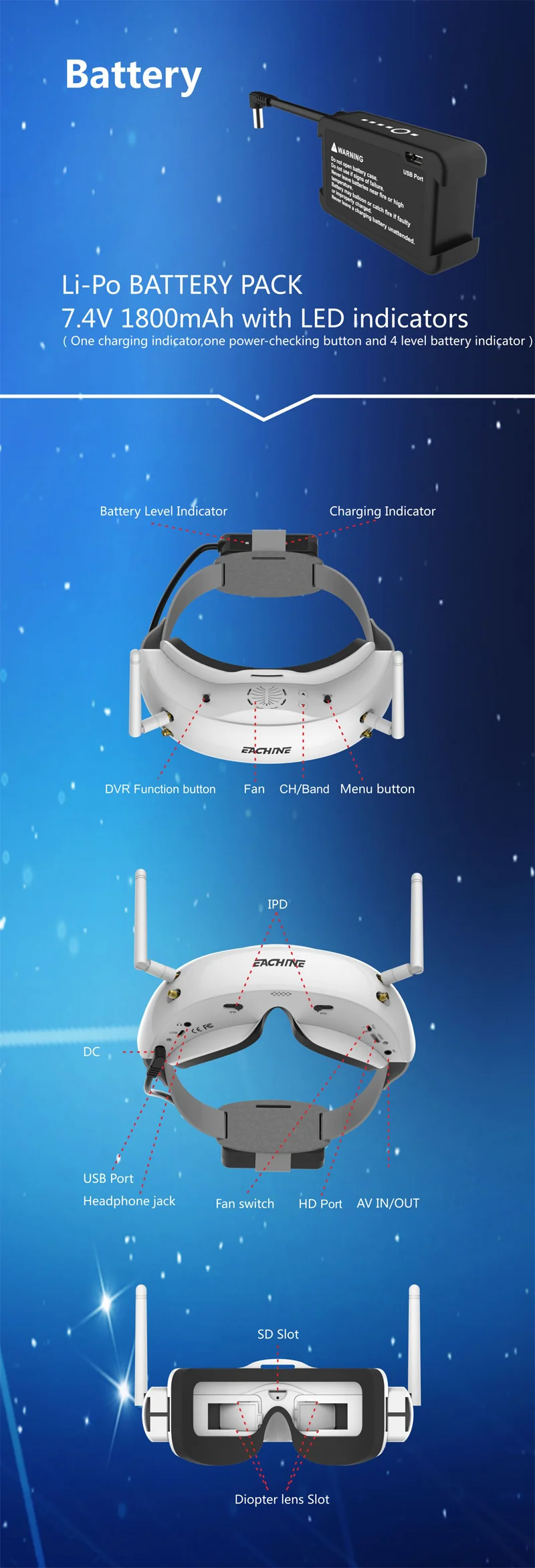 Eachine EV200D 1280*720 5,8G 72CH истинное разнообразие FPV очки HD порт в 2D/3D встроенный DVR Sup порт режим отображения ed