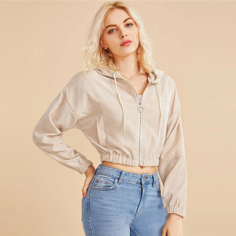 Dotfashion, хаки, Повседневная Женская куртка с круглым вырезом на молнии спереди, осень, куртки с капюшоном на завязках, Женская однотонная Вельветовая верхняя одежда