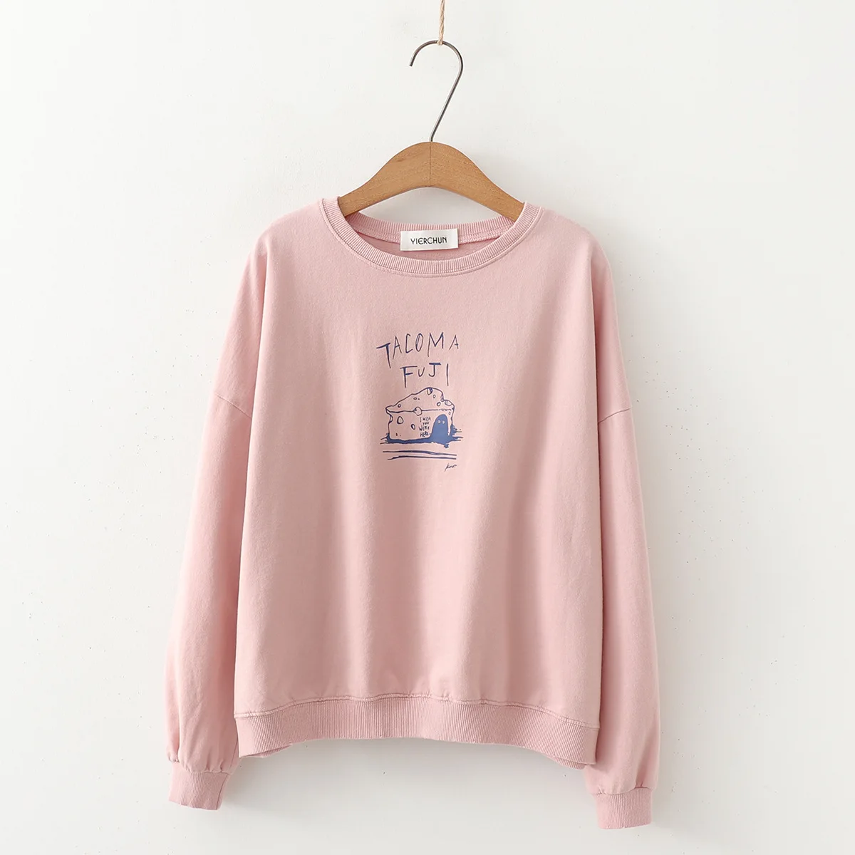 

Women Ulzzang Harajuku Loose Sweatshirts Spring Autumn Cheese Print Drop Shoulder Cotton Hoodies Student All Match O Neck Tops